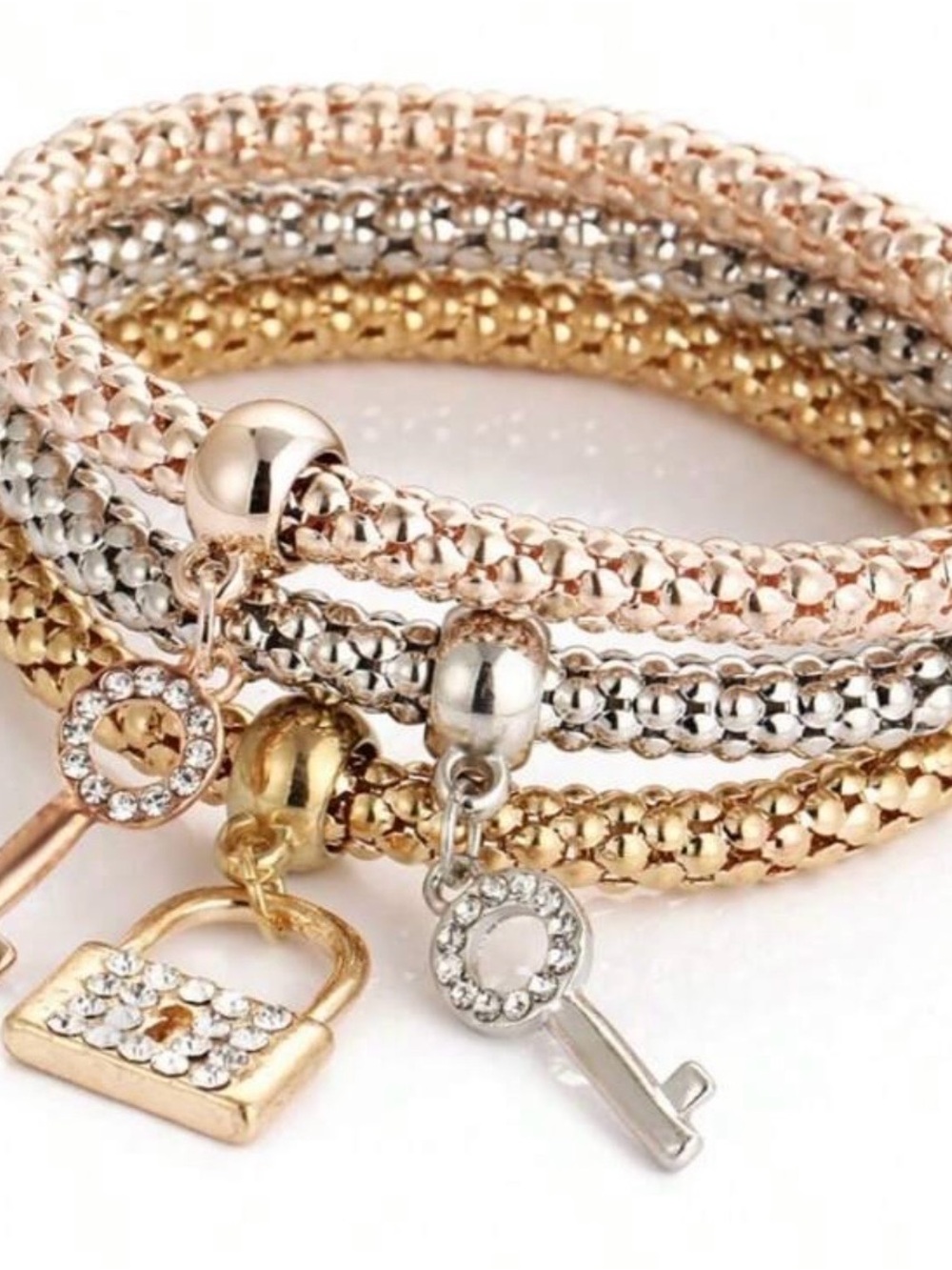 Mixed Metal Key & Lock Charm Bangle Set - Rose Gold, Silver & Gold